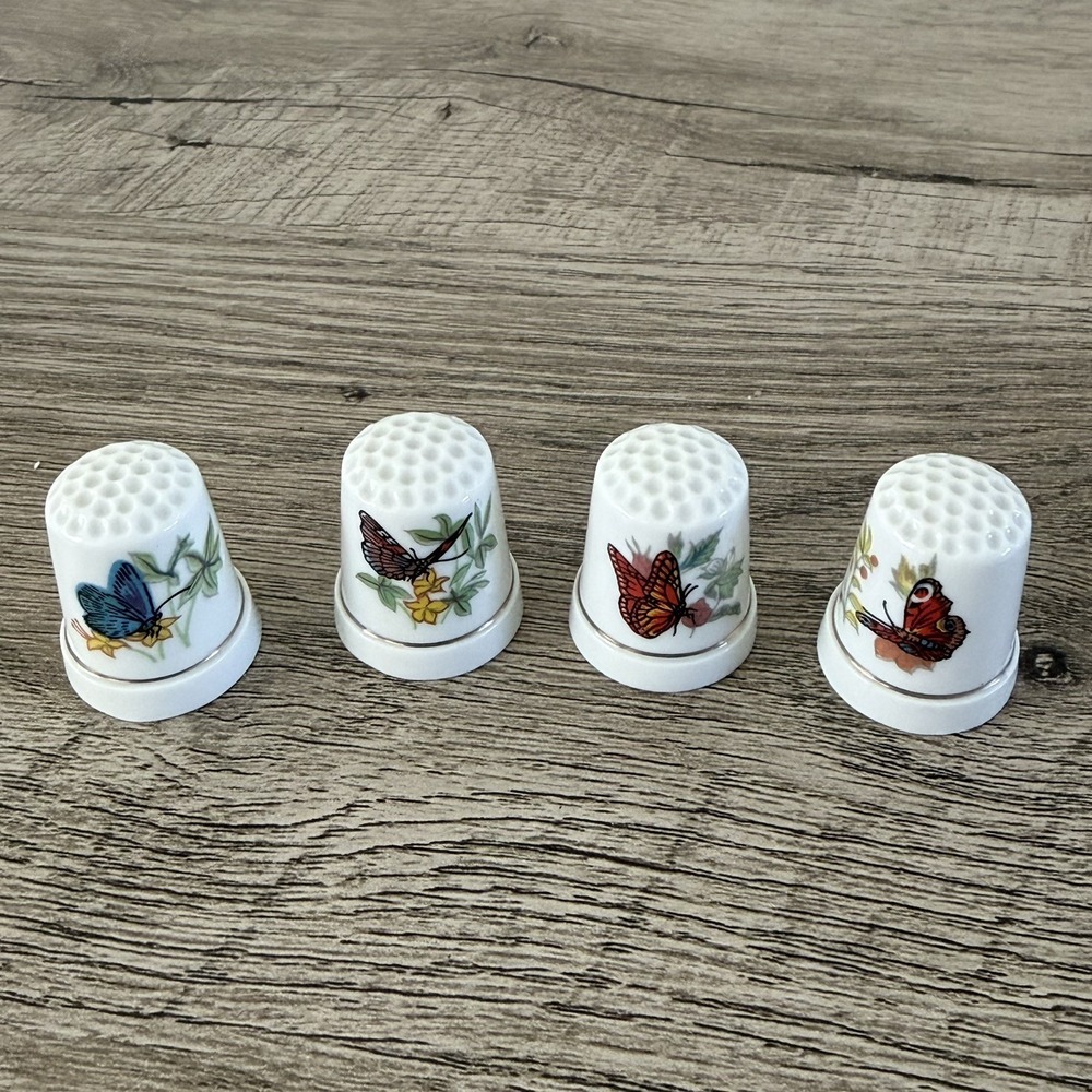 Vintage Collector‎ Thimbles Porcelain Butterfly Themed Floral Set of 4